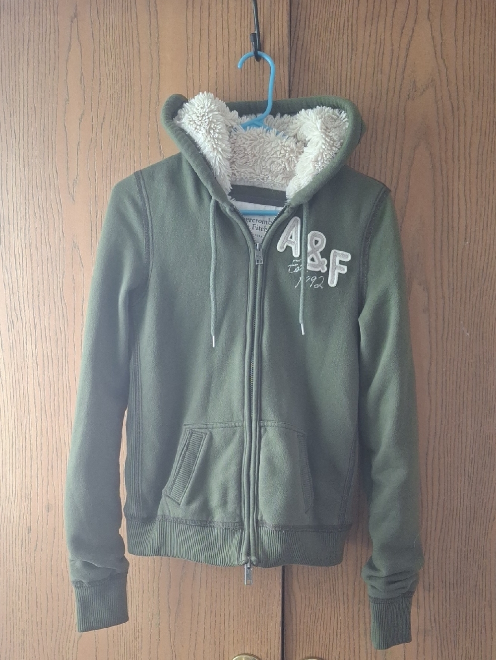 Abercrombie & Fitch Olive Green Sherpa Lined Zip Hoodie Jacket
